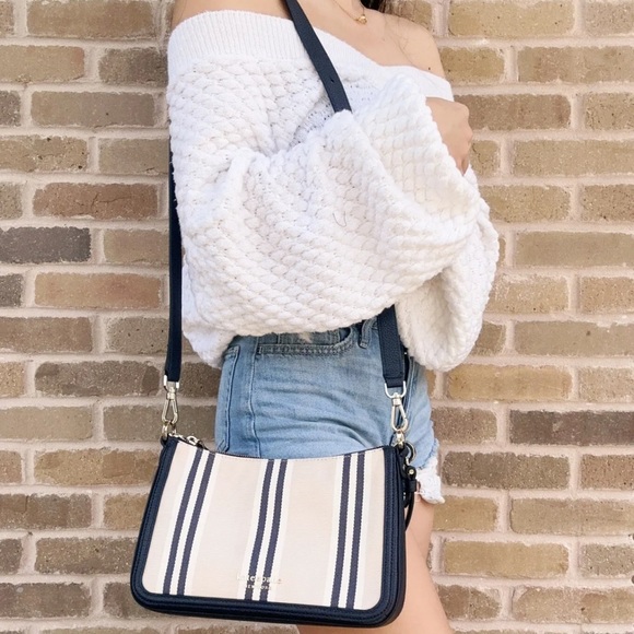 Kate Spade Hudson Striped Canvas Medium Convertible Crossbody Blue Beige - Picture 2 of 5